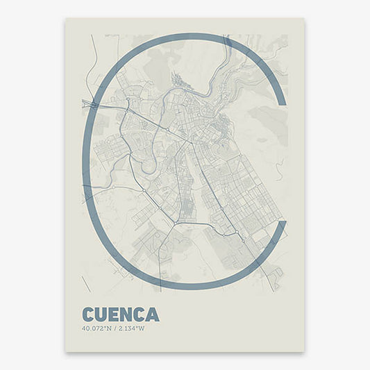Poster of Cuenca composed with letters in extra light font printed on bluish gray and an off-white background