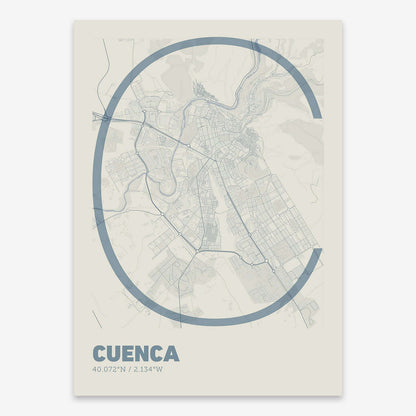 The map of Cuenca composed with letters in extra light font printed on bluish gray and an off-white background