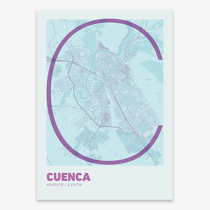 Poster of Cuenca composed with letters in extra light font printed on purple and light blue