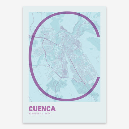 The map of Cuenca composed with letters in extra light font printed on purple and light blue