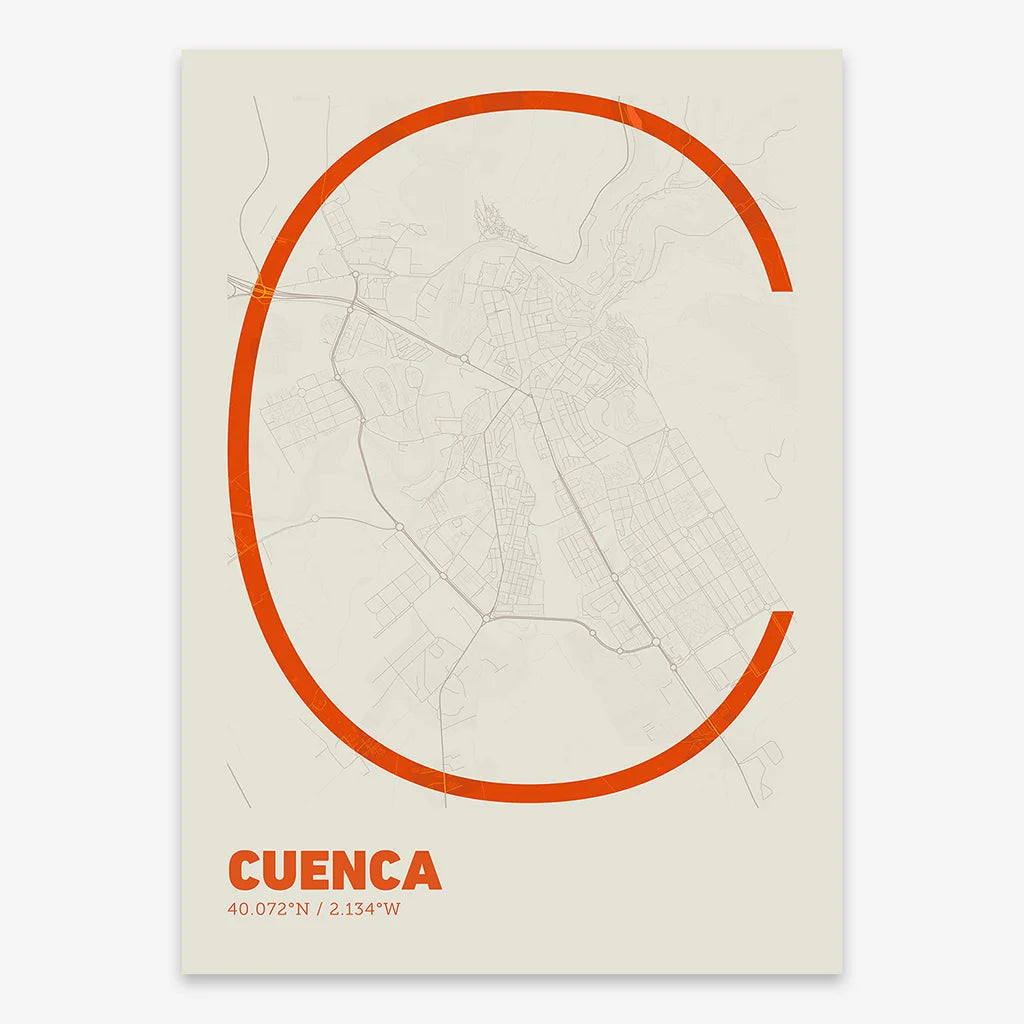 Poster of Cuenca composed with letters in extra light font printed on orange and an off-white background