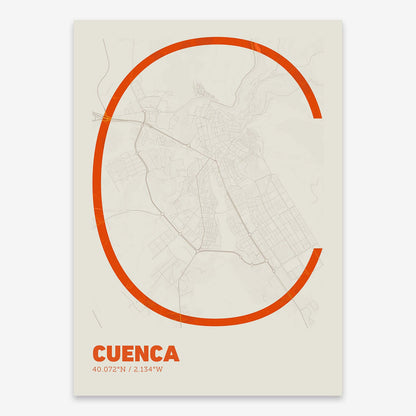 The map of Cuenca composed with letters in extra light font printed on orange and an off-white background