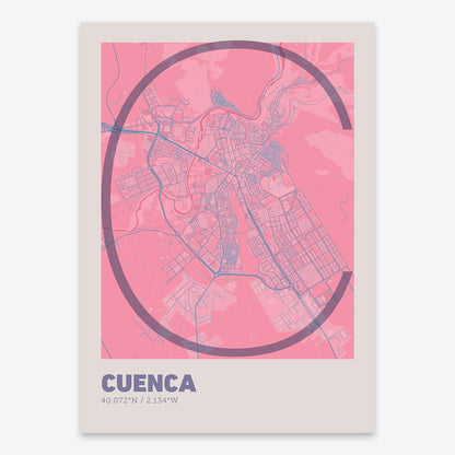 The map of Cuenca composed with letters in extra light font printed on violet y pink background