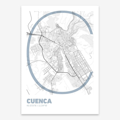 The map of Cuenca composed with letters in extra light font printed on black and white