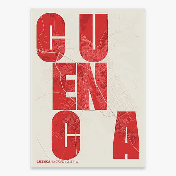Decorative print of Cuenca with letters of its name placed randomly, designed in red and an off-white background