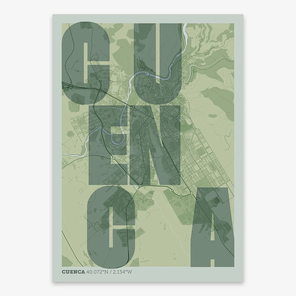 Decorative print of Cuenca with letters of its name placed randomly, designed in two green tones