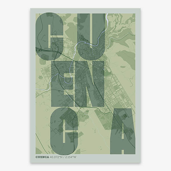 Decorative print of Cuenca with letters of its name placed randomly, designed in two green tones