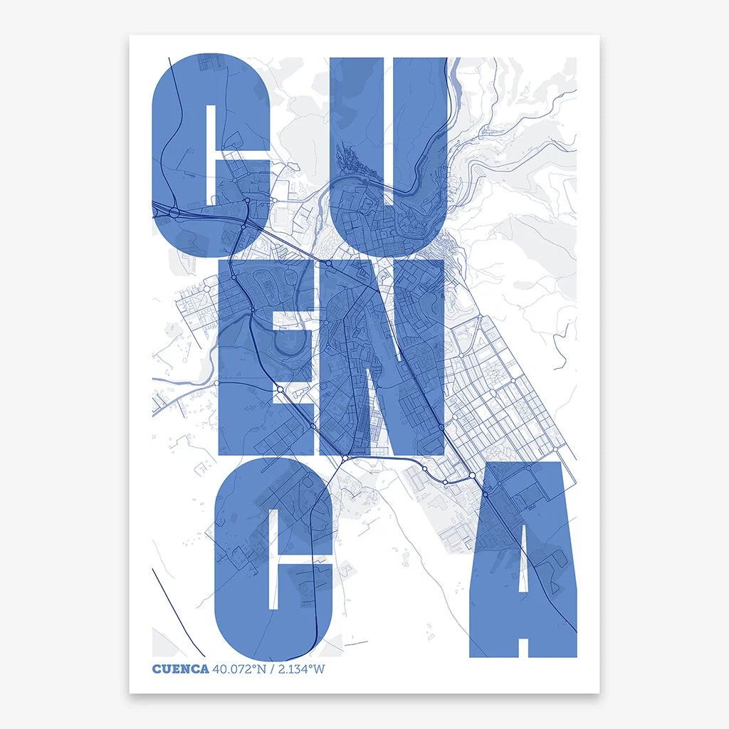 Decorative print of Cuenca with letters of its name placed randomly, designed in navy blue and white