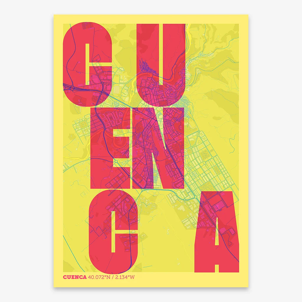 Decorative print of Cuenca with letters of its name placed randomly, designed in yellow and fuchsia