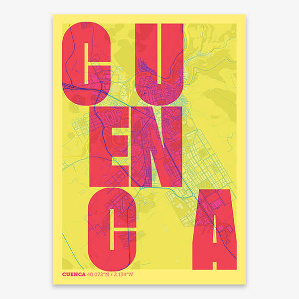 Decorative print of Cuenca with letters of its name placed randomly, designed in yellow and fuchsia