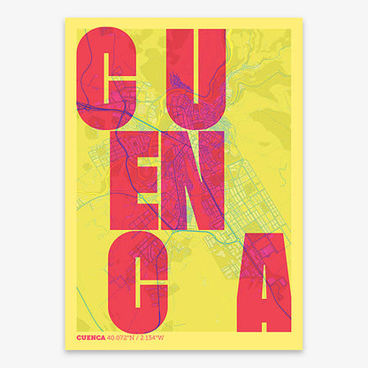 Decorative print of Cuenca with letters of its name placed randomly, designed in yellow and fuchsia