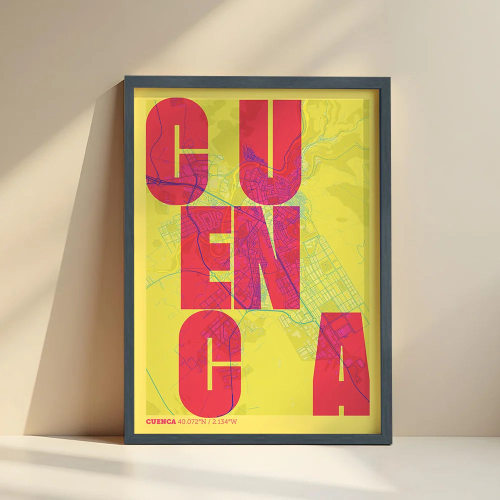 Lámina creativa de Cuenca – Diseño gráfico y tipografía sobre mapa
