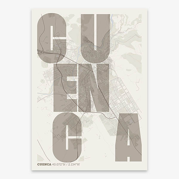 Decorative print of Cuenca with letters of its name placed randomly, designed in light brown and an off-white background