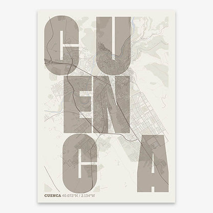 Decorative print of Cuenca with letters of its name placed randomly, designed in light brown and an off-white background