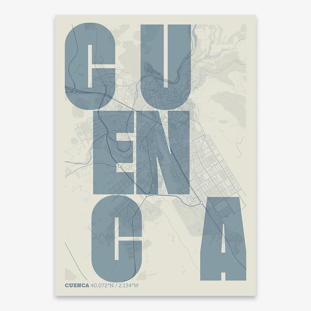 Decorative print of Cuenca with letters of its name placed randomly, designed in bluish gray and an off-white background
