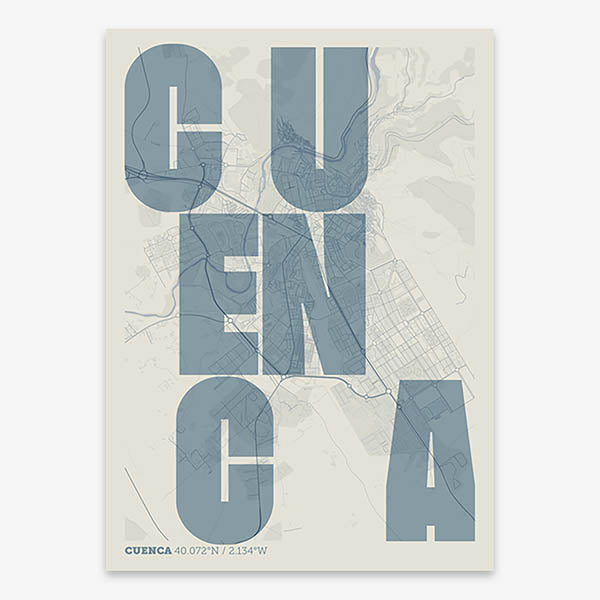 Decorative print of Cuenca with letters of its name placed randomly, designed in bluish gray and an off-white background