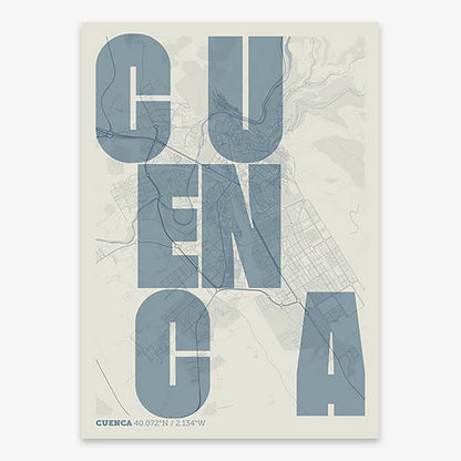 Decorative print of Cuenca with letters of its name placed randomly, designed in bluish gray and an off-white background