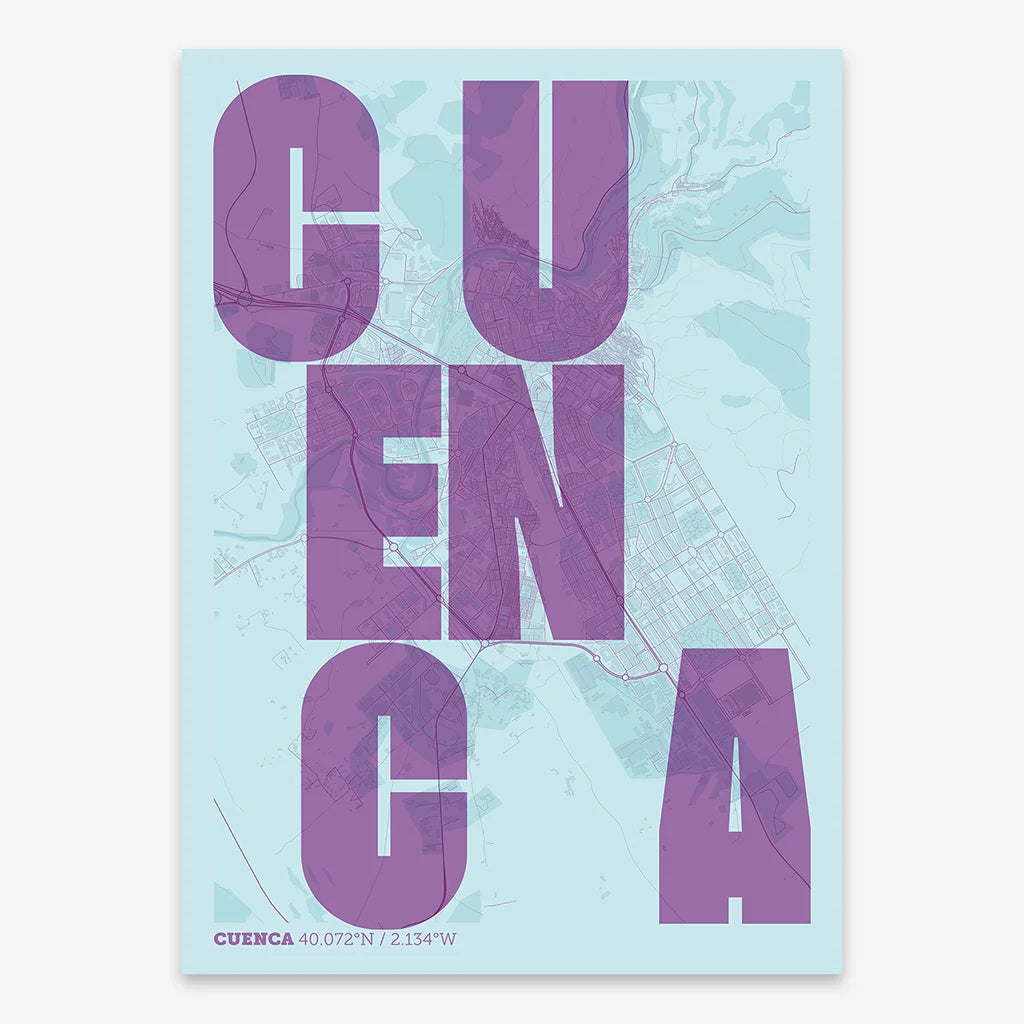 Decorative print of Cuenca with letters of its name placed randomly, designed in purple and light blue
