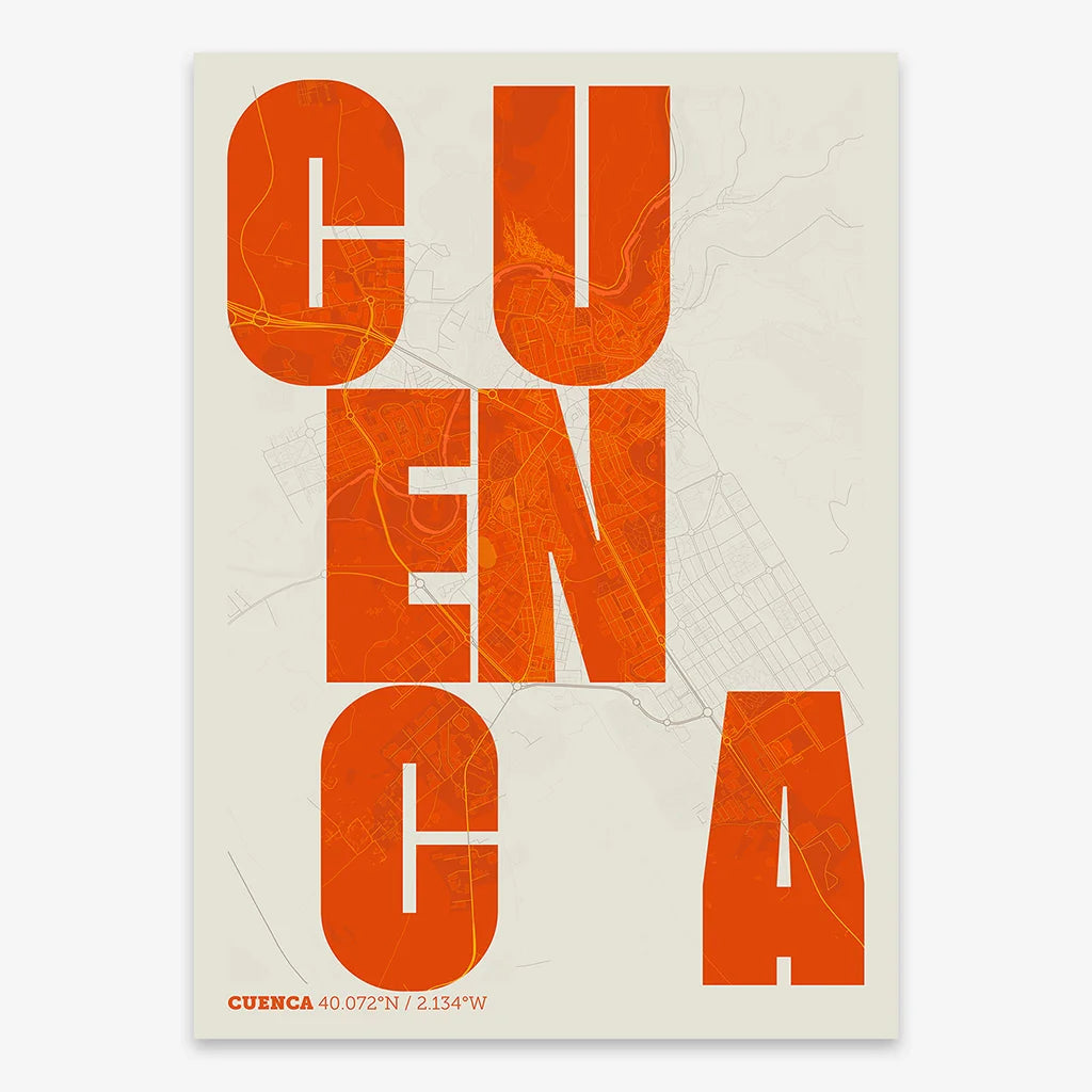Decorative print of Cuenca with letters of its name placed randomly, designed in orange and an off-white background