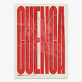 Decorative map of Cuenca and letters of its name in a giclée print designed in red and an off-white background