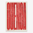 Decorative map of Cuenca and letters of its name in a giclée print designed in red and an off-white background