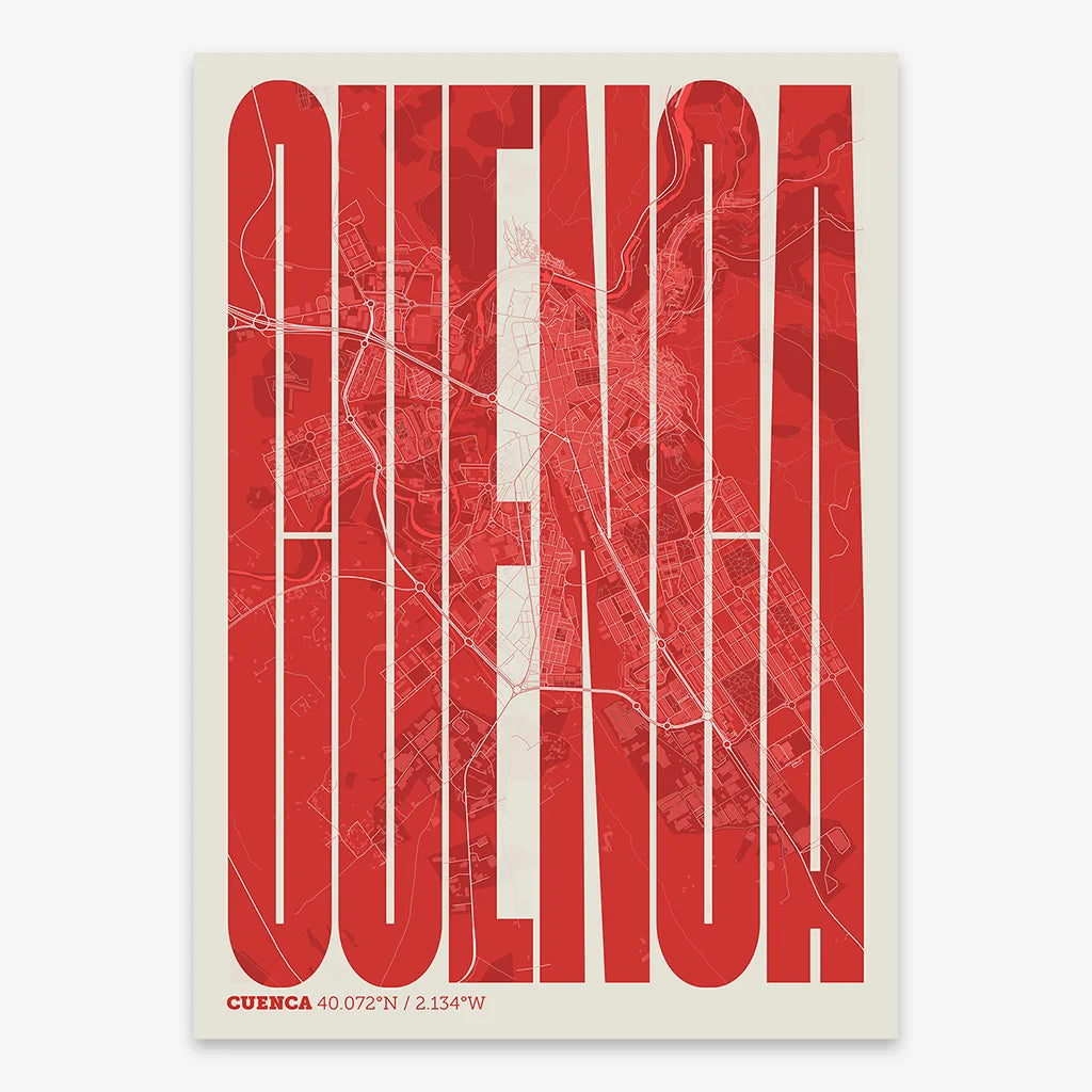 Decorative map of Cuenca and letters of its name in a giclée print designed in red and an off-white background
