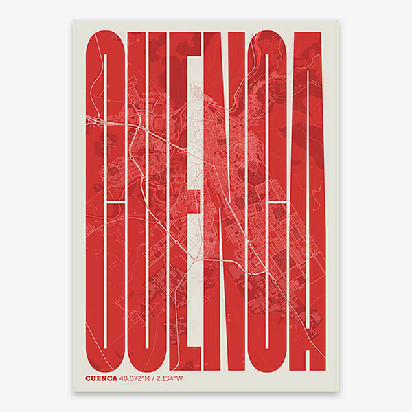 Decorative map of Cuenca and letters of its name in a giclée print designed in red and an off-white background