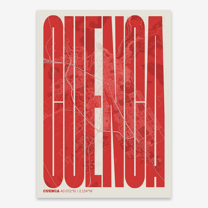 The map of Cuenca and letters of its name in a giclée print designed in red and an off-white background