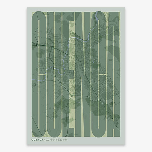 Decorative map of Cuenca and letters of its name in a giclée print designed in two green tones