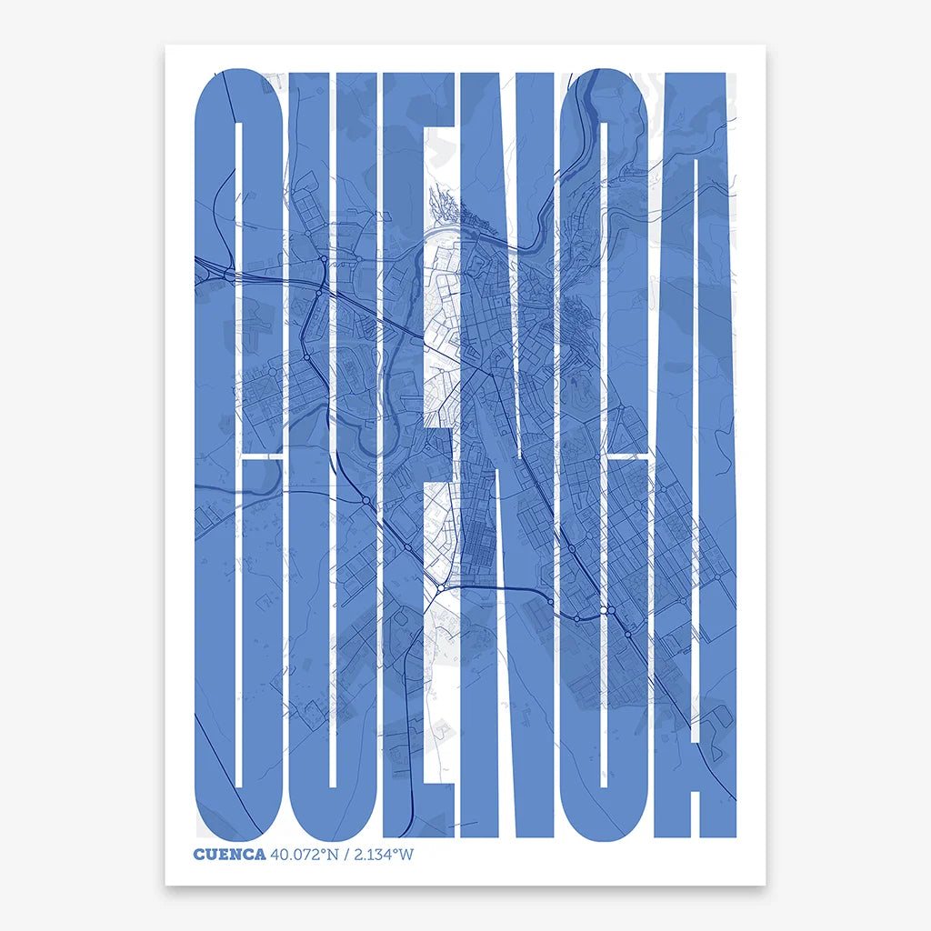Decorative map of Cuenca and letters of its name in a giclée print designed in navy blue and white
