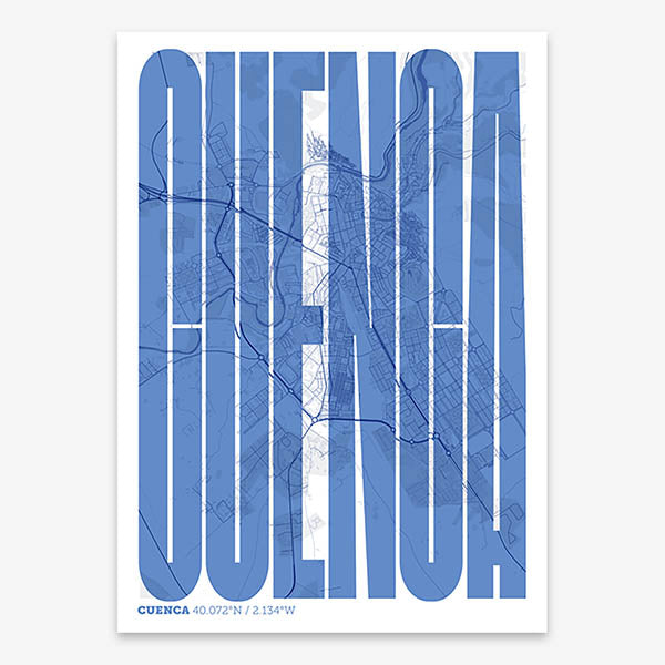 Decorative map of Cuenca and letters of its name in a giclée print designed in navy blue and white