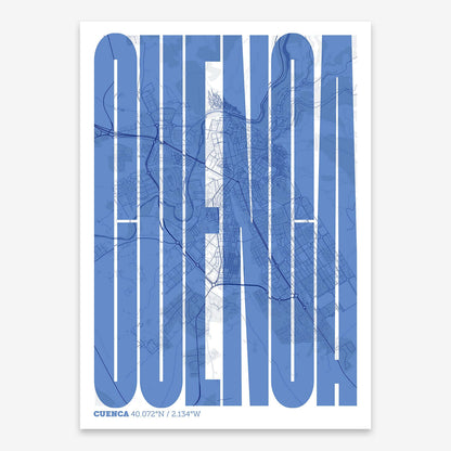 The map of Cuenca and letters of its name in a giclée print designed in navy blue and white