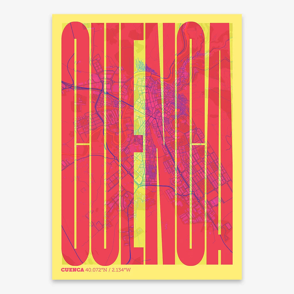 Decorative map of Cuenca and letters of its name in a giclée print designed in yellow and fuchsia