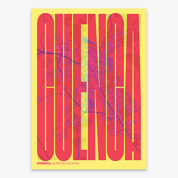Decorative map of Cuenca and letters of its name in a giclée print designed in yellow and fuchsia