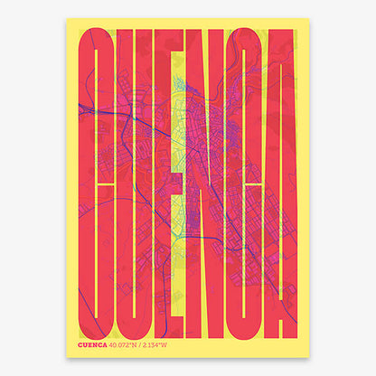 Decorative map of Cuenca and letters of its name in a giclée print designed in yellow and fuchsia