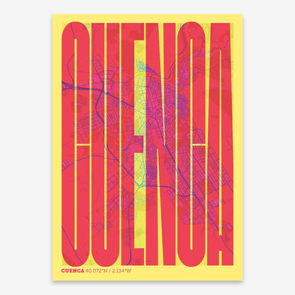 The map of Cuenca and letters of its name in a giclée print designed in yellow and fuchsia