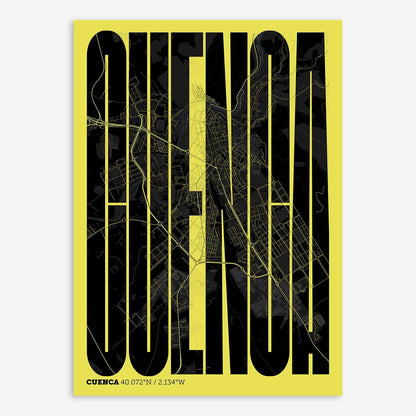 The map of Cuenca and letters of its name in a giclée print designed in black and yellow