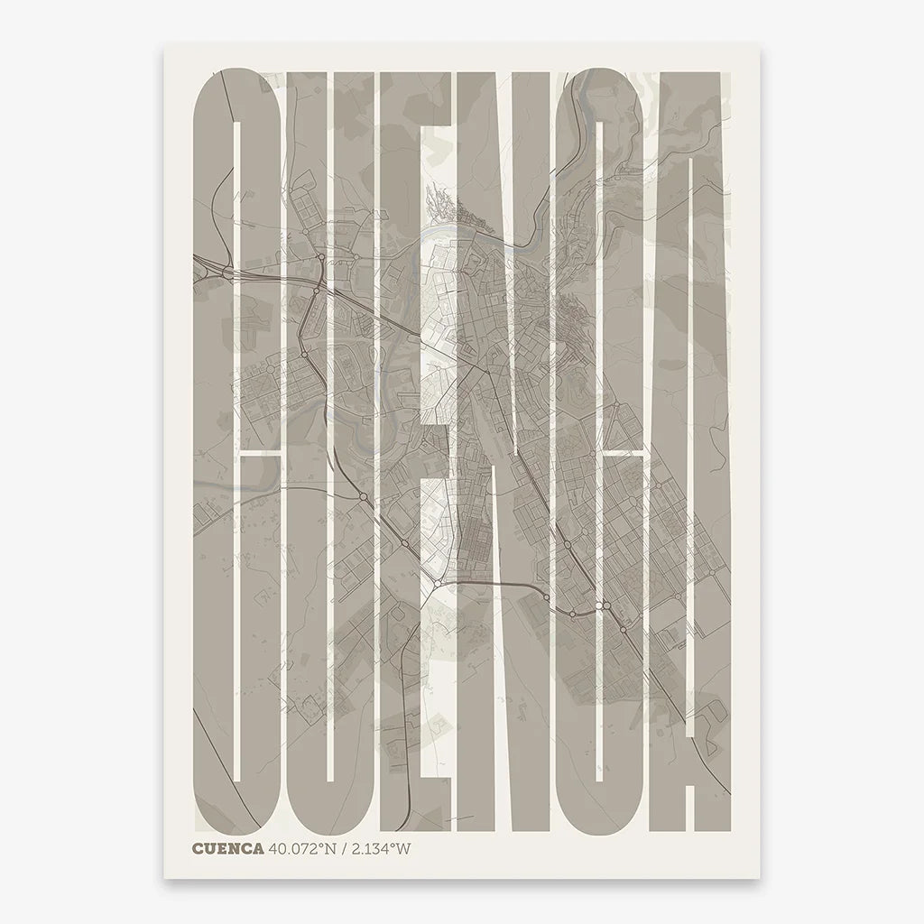 Decorative map of Cuenca and letters of its name in a giclée print designed in light brown and an off-white background