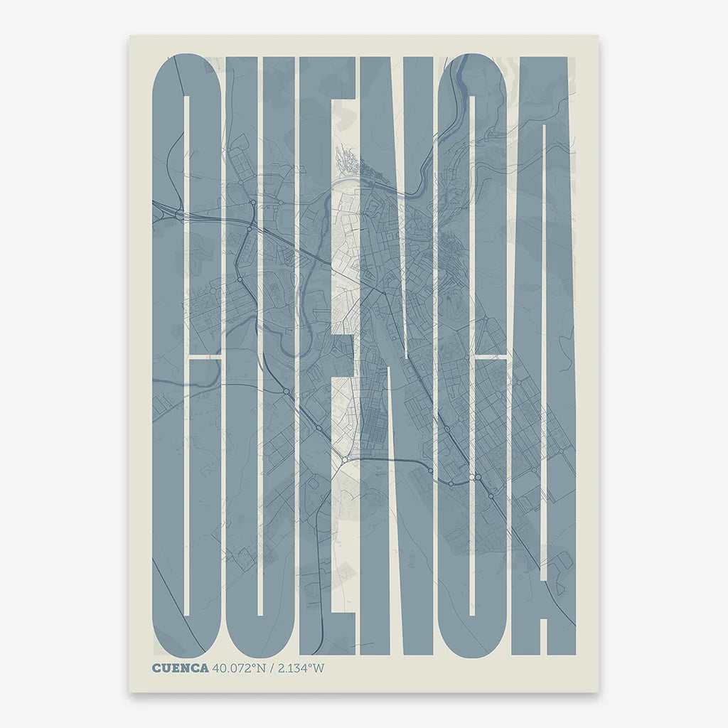 Decorative map of Cuenca and letters of its name in a giclée print designed in bluish gray and an off-white background