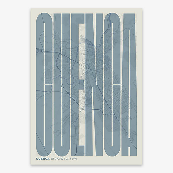 Decorative map of Cuenca and letters of its name in a giclée print designed in bluish gray and an off-white background