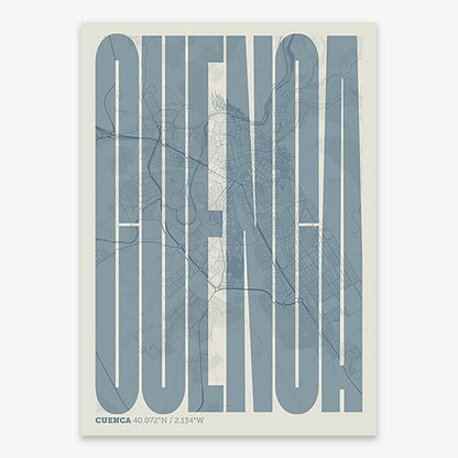 Decorative map of Cuenca and letters of its name in a giclée print designed in bluish gray and an off-white background