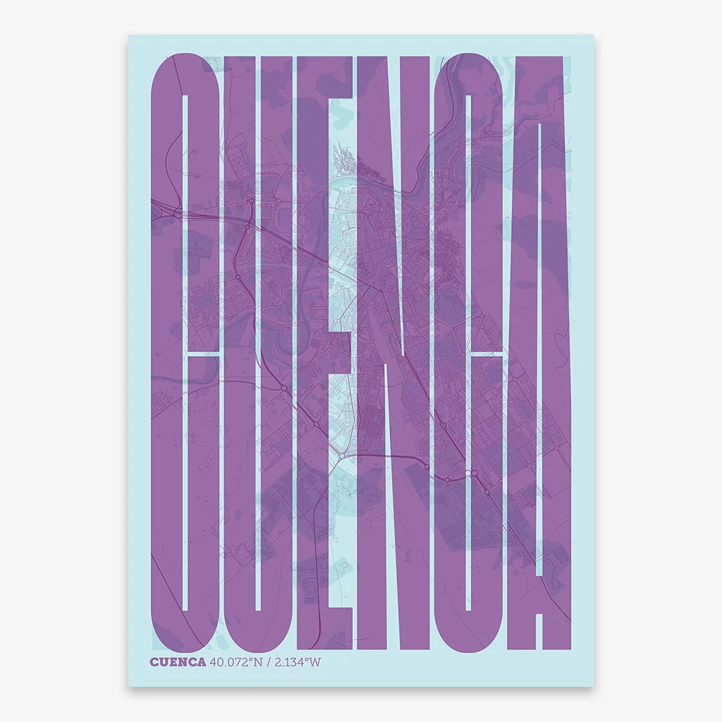 Decorative map of Cuenca and letters of its name in a giclée print designed in purple and light blue