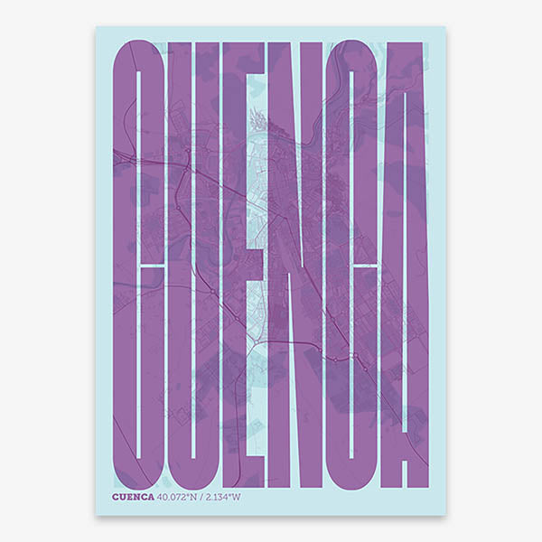 Decorative map of Cuenca and letters of its name in a giclée print designed in purple and light blue