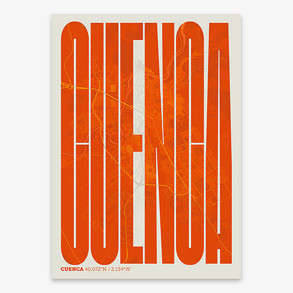 Decorative map of Cuenca and letters of its name in a giclée print designed in orange and an off-white background