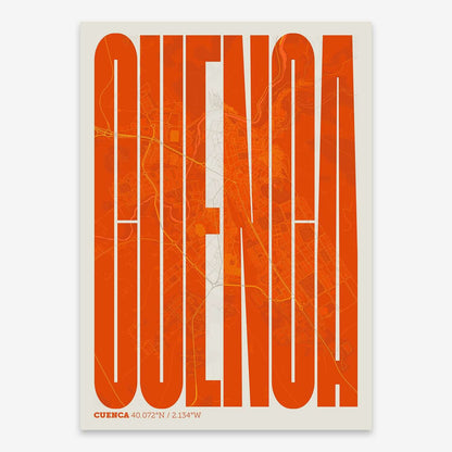 The map of Cuenca and letters of its name in a giclée print designed in orange and an off-white background