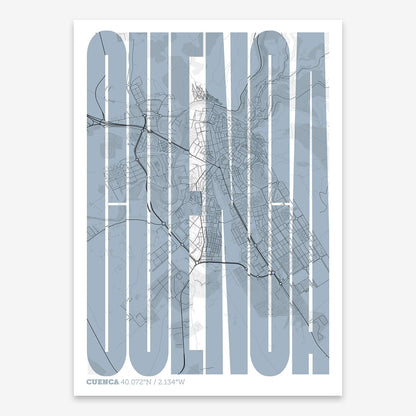 The map of Cuenca and letters of its name in a giclée print designed in black and white