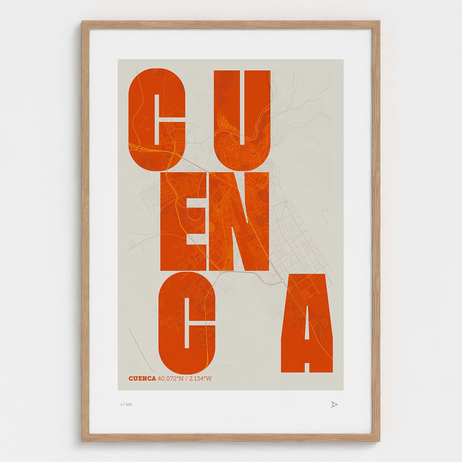 Lámina tipográfica de Cuenca – diseño Revoltosa, marco de madera natural