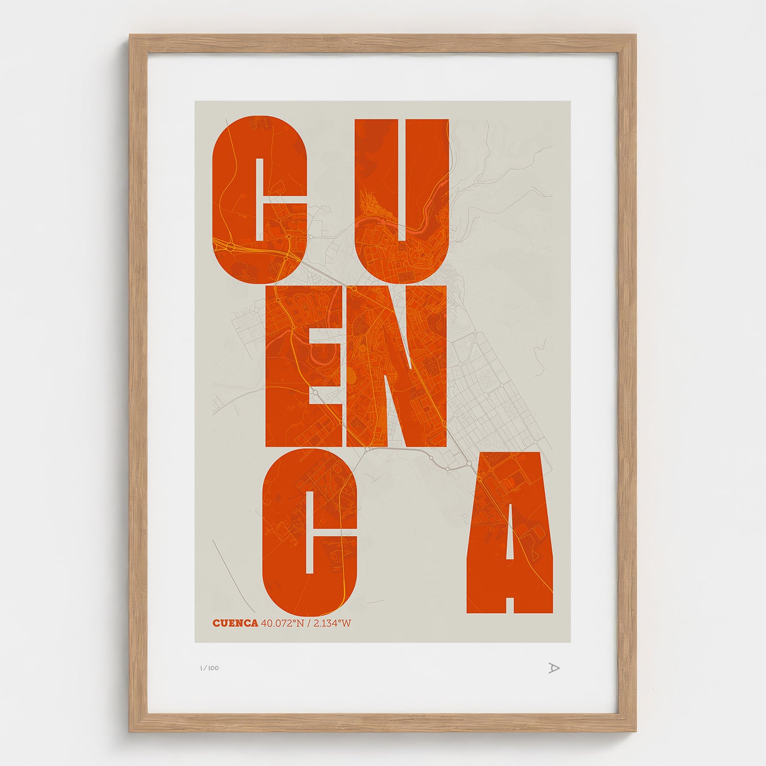 Lámina tipográfica de Cuenca – diseño Revoltosa, marco de madera natural