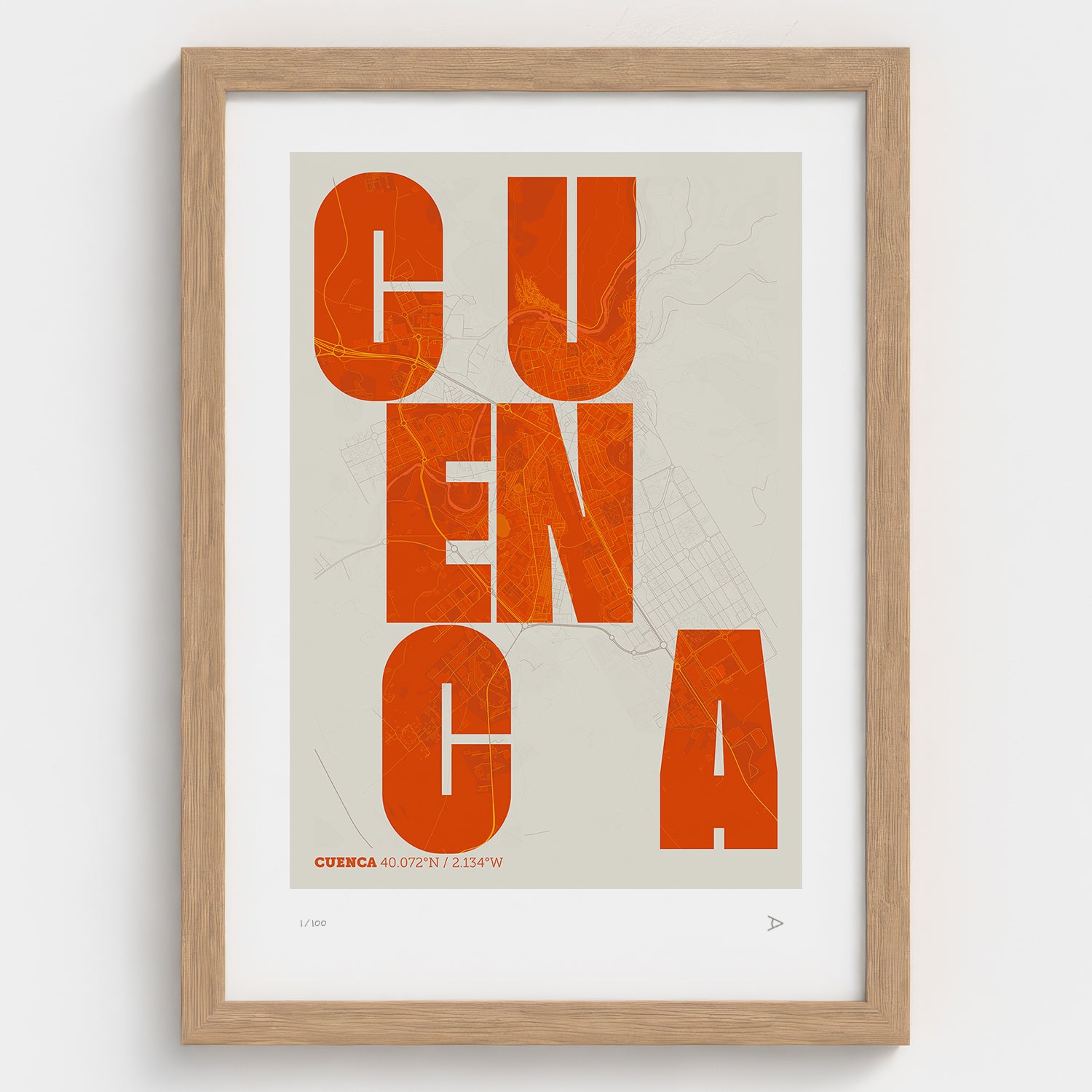 Lámina tipográfica de Cuenca – diseño Revoltosa, marco de madera natural
