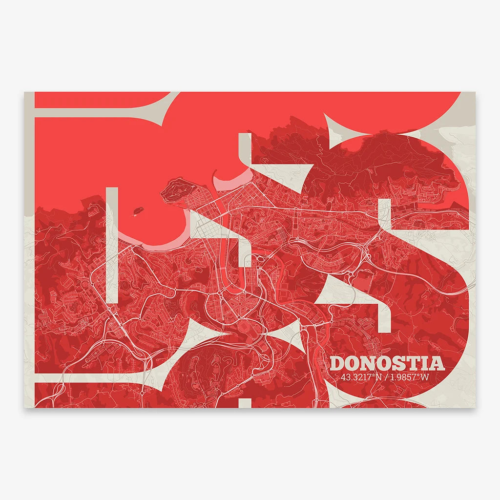 Mapa de Donostia en mi diseño la Inseparable, una visión artística con una tipografía expresiva que muestra la abreviatura del nombre sobre el mapa detallado diseñado en rojo y fondo blanco roto